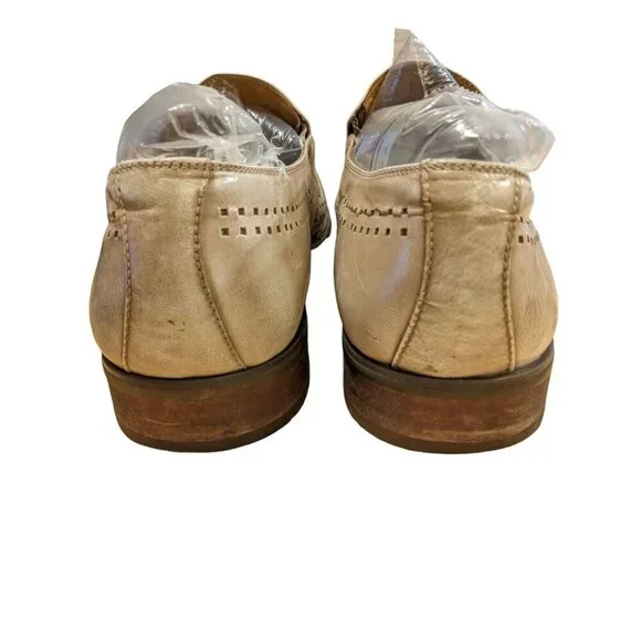Mens Leather Shoes Size 12 Perforated Square Toe Dress Oxford Slip On Beige - Picture 5 of 10